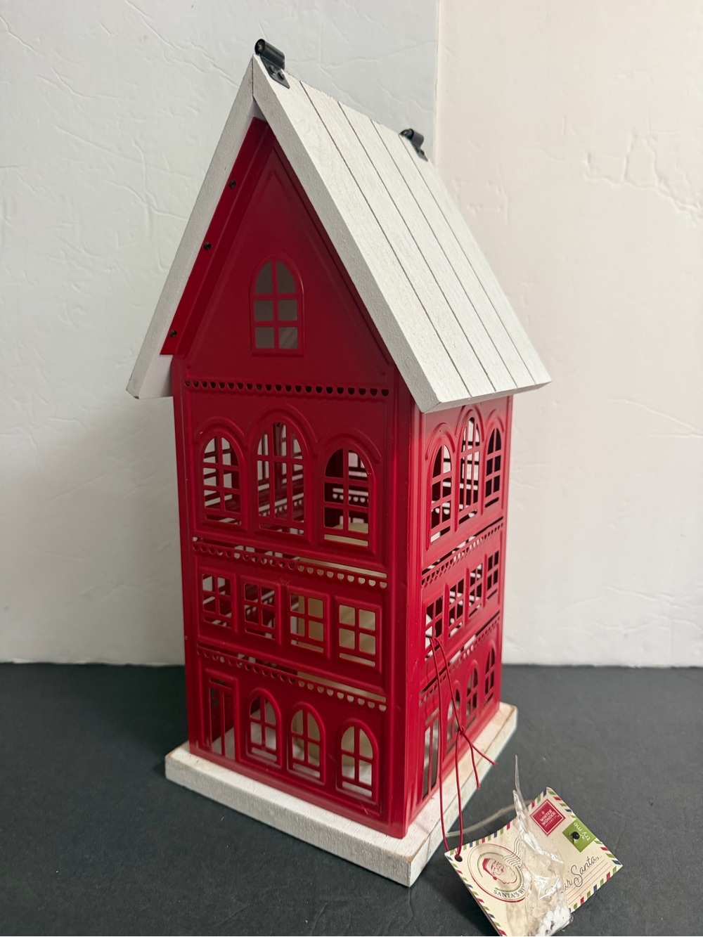 Red Metal Holiday House Lantern 16” Decorative Christmas Lantern